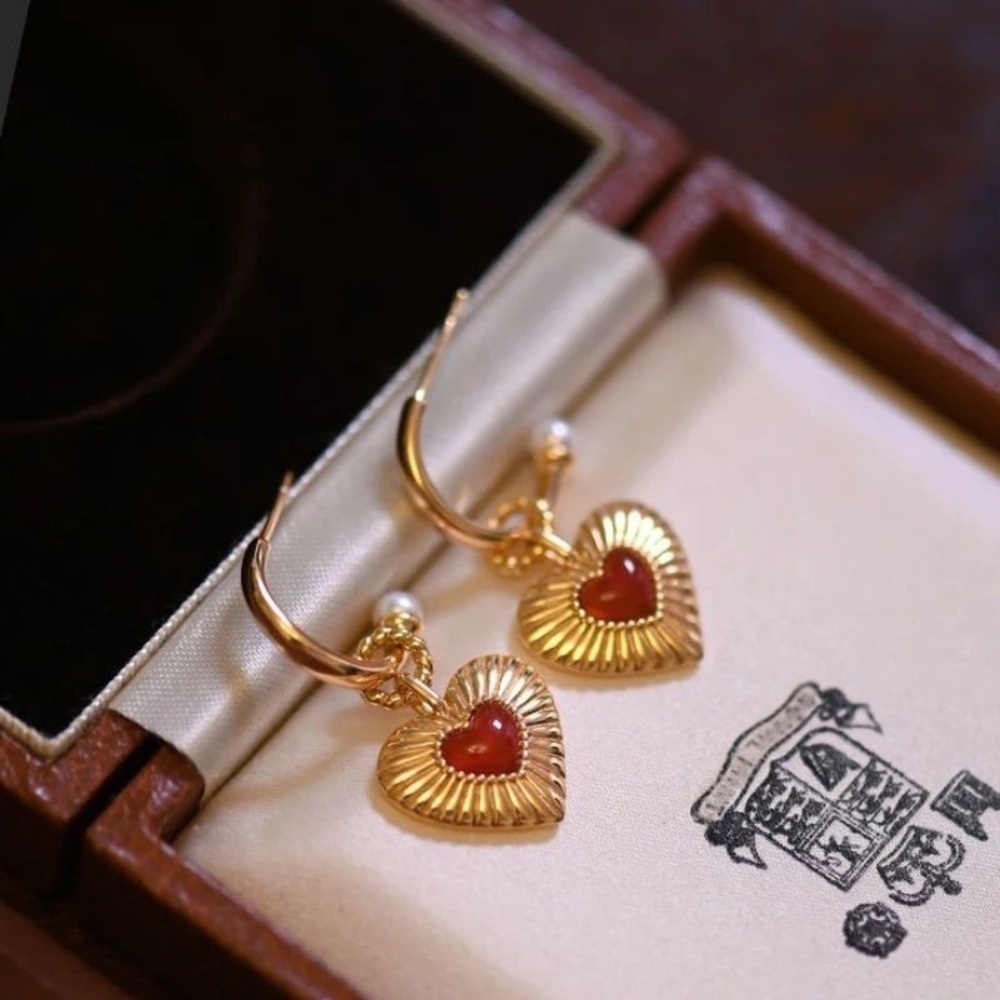 18k Gold Plated Red Agate Love Heart Earring